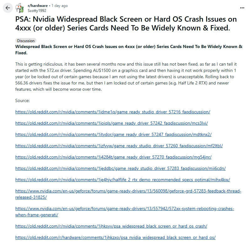 Проблемы с драйверами NVIDIA 572.XX затронули RTX 40 — вылеты, черные экраны и многое другое