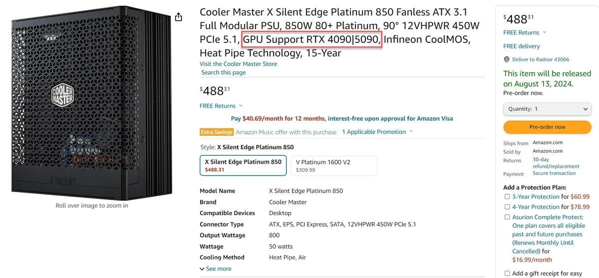 Блока питания на 850 Вт хватит для RTX 5090 — так заявили Cooler Master