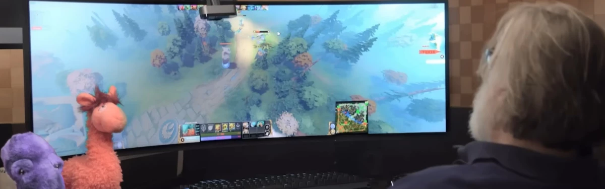 Гейб Ньюэлл показал Dota 2 на UltraWide-мониторе, швырнул в него наушники и анонсировал комментатора из Portal