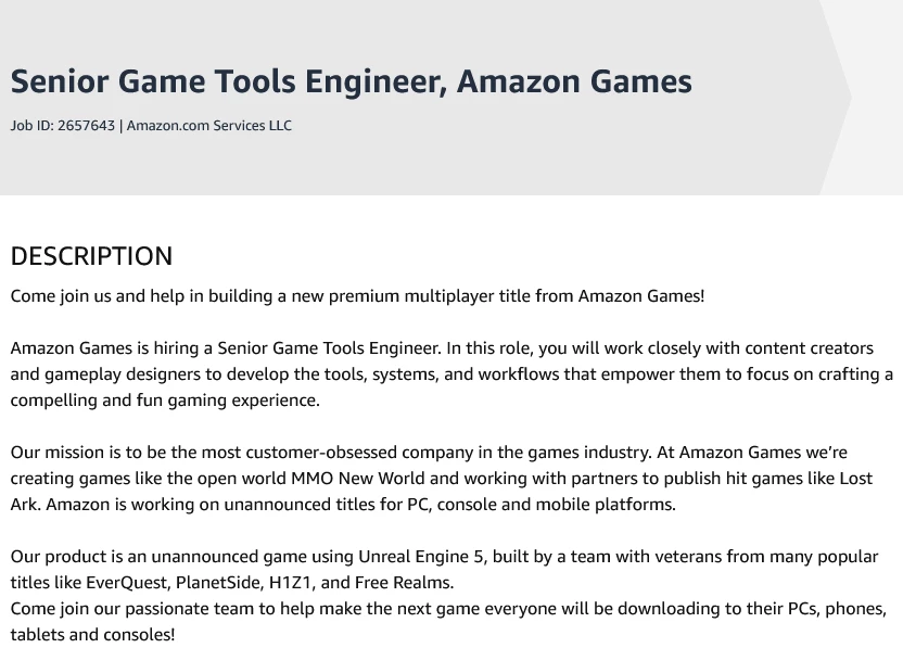 Amazon работает над неанонсированной игрой на UE5 с ветеранами EverQuest, PlanetSide и H1Z1