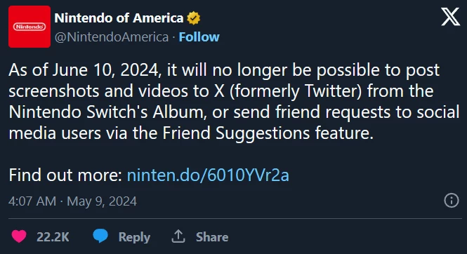 Интеграция с X на Nintendo Switch будет отключена в июне